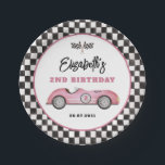 Retro Pink Race Car Two Fast Girl Birthday Paper Plates<br><div class="desc">These eye-catching paper plates blend vintage charm with playful whimsy,  featuring a beautifully illustrated retro race car in a serene shade of dusty pink.</div>