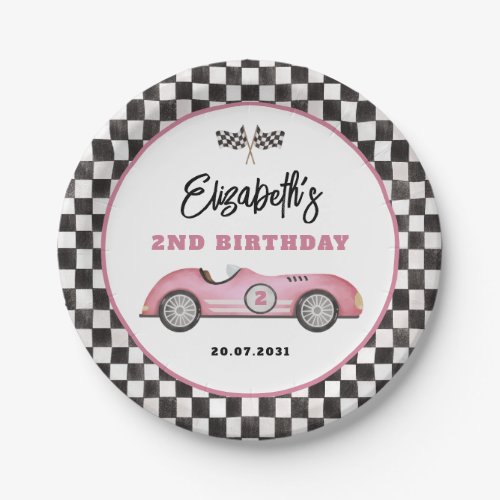 Retro Pink Race Car Two Fast Girl Birthday Paper Plates