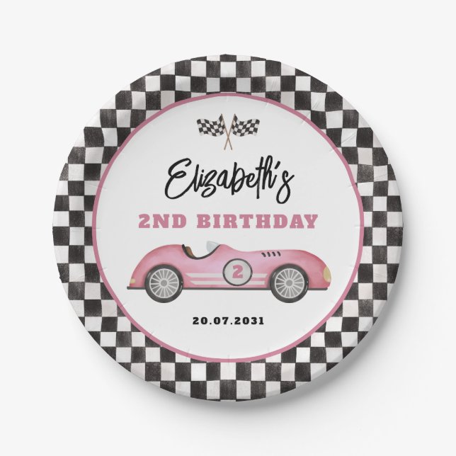 Retro Pink Race Car Two Fast Girl Birthday Paper Plates (Front)