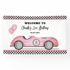 Retro Pink Race Car Two Fast Girl Birthday Welcome Banner