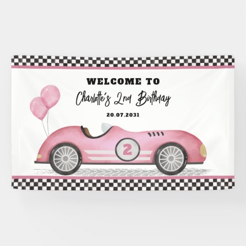 Retro Pink Race Car Two Fast Girl Birthday Welcome Banner