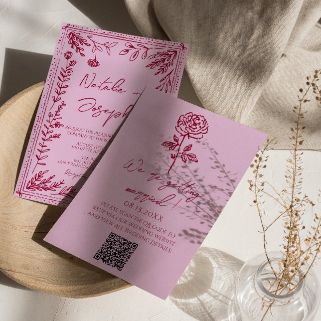 Retro Pink Raspberry QR Code Drawn Floral Wedding Invitation (Creator Uploaded)