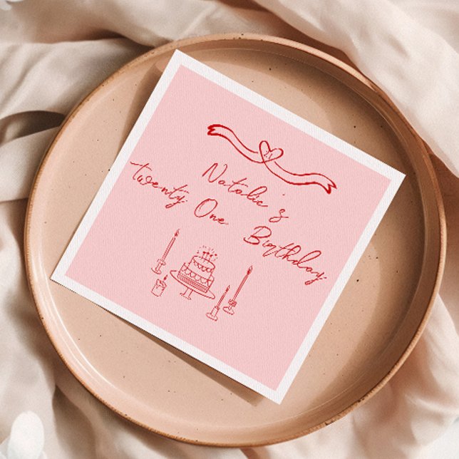 Retro Pink Red 21st Hand Drawn Cake Bow Birthday  Napkins (Creator Uploaded)