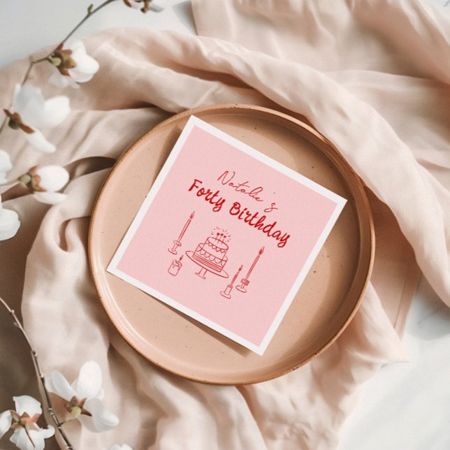 Retro Pink Red 40th Hand Drawn Cake Forty Birthday Napkins (Creator Uploaded)