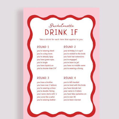 Retro Pink Red Bachelorette Drink If Game Cards