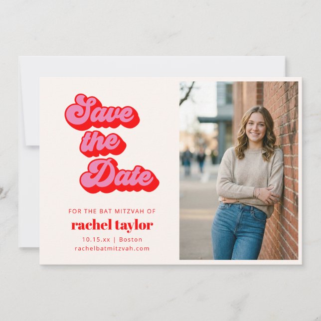 Retro Pink Red Bat Mitzvah Photo Save The Date (Front)