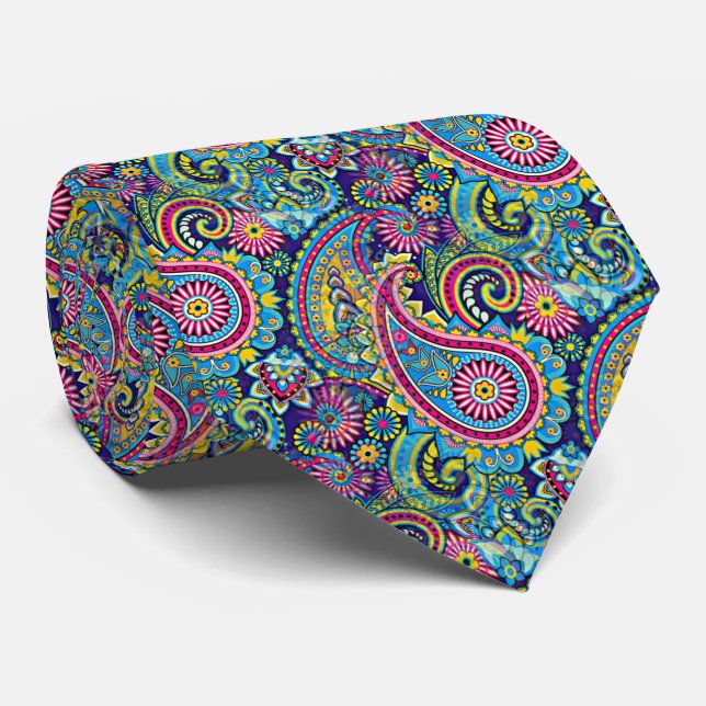 Retro Pink Red Blue Yellow Paisley Floral Pattern Neck Tie (Rolled)