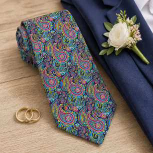 Retro Pink Red Blue Yellow Paisley Floral Pattern Neck Tie