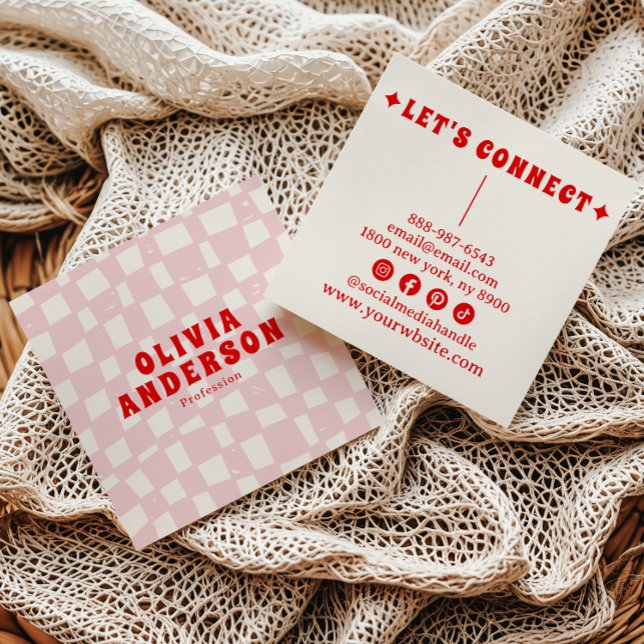 Retro Pink Red Bold 70's Groovy Checkered Girly Square Business Card (Creator Uploaded)