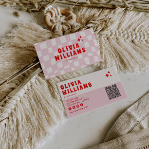 Retro Pink Red Bold Groovy QR Code Girly Checkered Business Card