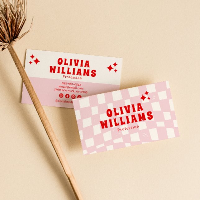 Retro Pink Red Bold Groovy Trendy Girly Checkered Business Card (Creator Uploaded)