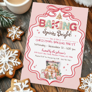 Retro Pink & Red Bow Christmas Cookie Baking Party Invitation