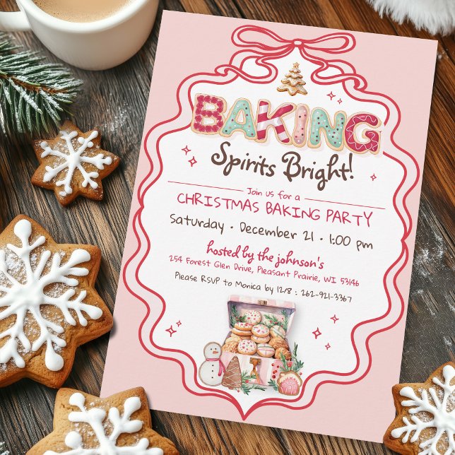 Retro Pink & Red Bow Christmas Cookie Baking Party Invitation (Cute pink red green coquette bow ribbon frame Baking Spirits Bright Christmas cookie Baking Invite)