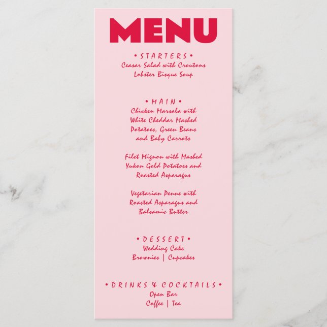 Retro Pink Red Bright Funky Bold Modern Wedding  Menu (Front)