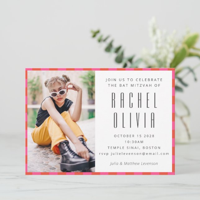 Retro Pink Red Checkerboard Bat Mitzvah Photo  Invitation (Standing Front)