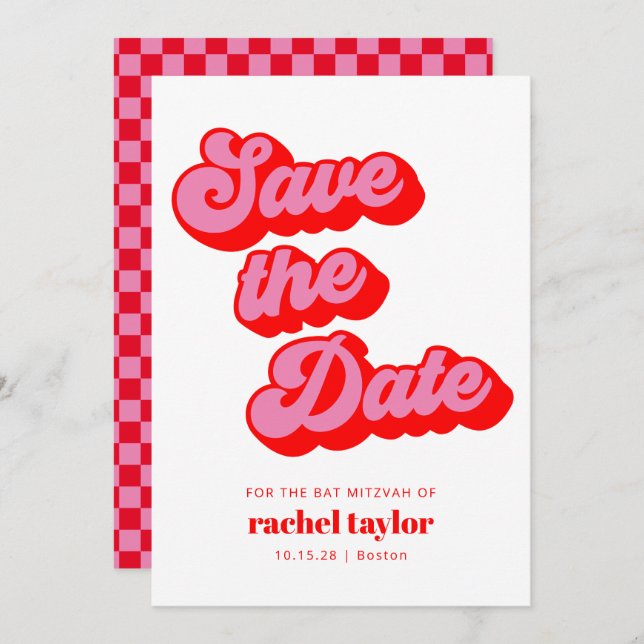 Retro Pink Red Checkerboard Bat Mitzvah  Save The Date (Front/Back)