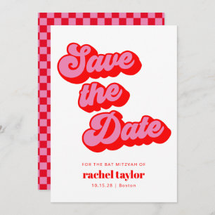 Retro Pink Red Checkerboard Bat Mitzvah Save The Date