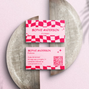 Retro Pink & Red Checkerboard QR Code Business Card