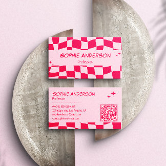 Retro Pink & Red Checkerboard QR Code Business Card