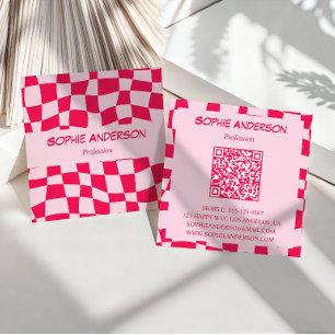 Retro Pink & Red Checkerboard QR Code Square Business Card