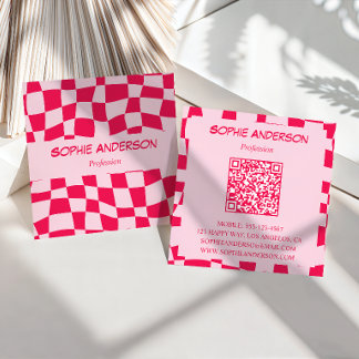 Retro Pink & Red Checkerboard QR Code Square Business Card