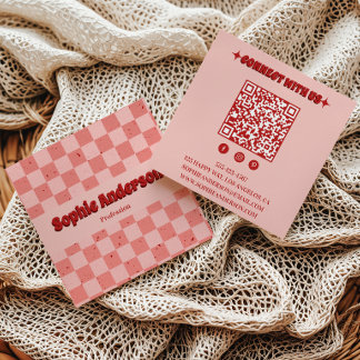 Retro Pink & Red Checkerboard with QR Code Square Business Card