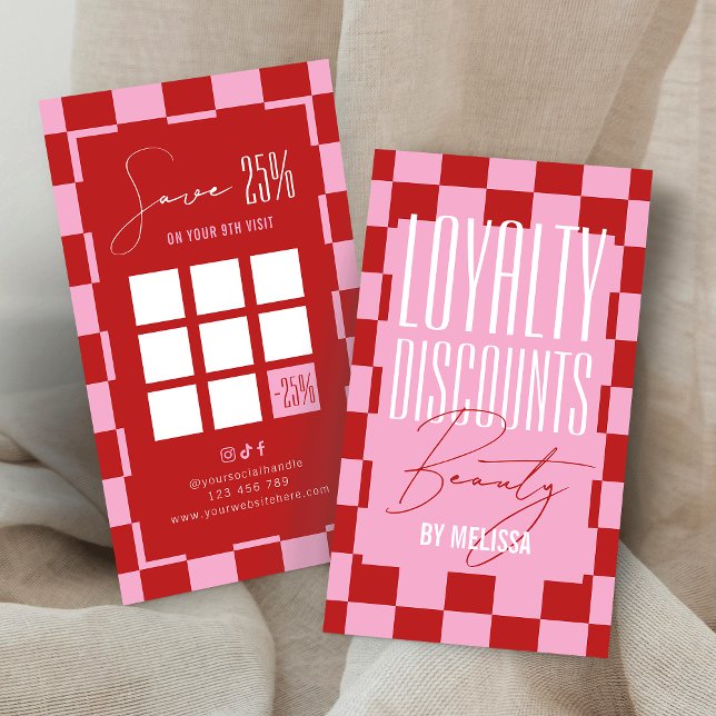 Retro Pink & Red Checkered Aesthetician Spa Salon Loyalty Card (Creator Uploaded)