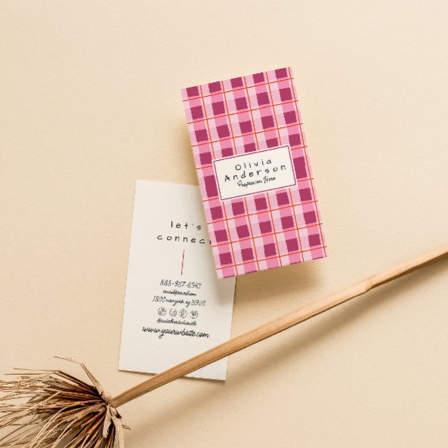 Retro Pink Red Checkered Quirky Boho Girly Fun Business Card (Creator Uploaded)