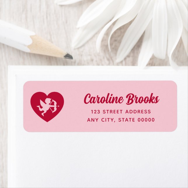 Retro Pink Red Cupid Heart Wedding Return Address Label (Insitu)