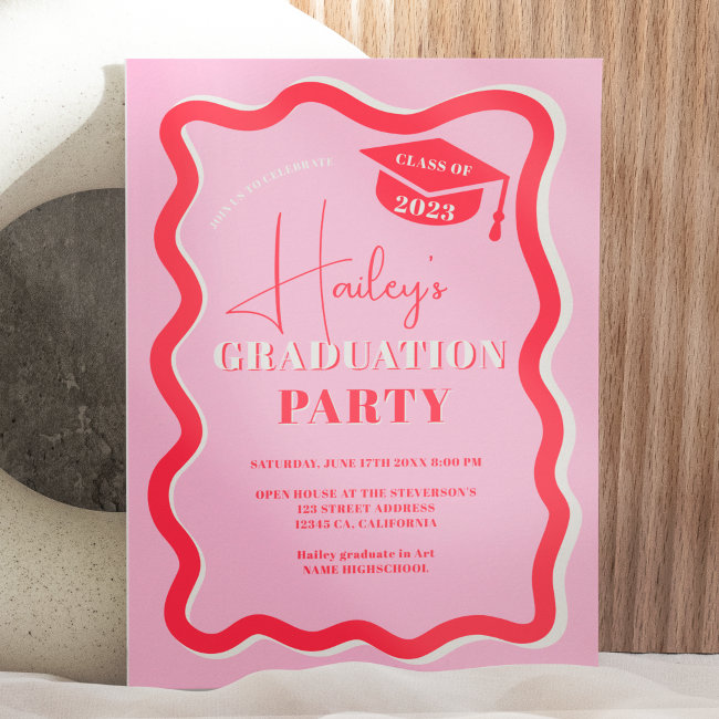 Retro pink red curve squiggle wavy graduation invitation