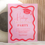 Retro pink red curve squiggle wavy graduation invitation<br><div class="desc">A cool bold name graduation open house invitation with Retro pink red curve squiggle wavy photo. All the text,  names and background colors are customizable.</div>