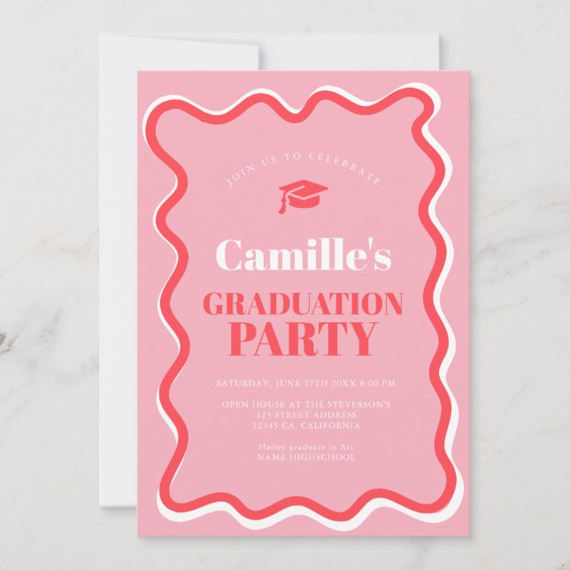 Retro pink red curve squiggle wavy graduation invitation (Front)