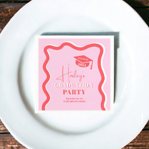 Retro pink red curve squiggle wavy graduation napkins