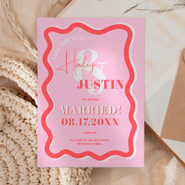 Retro pink red curve squiggle wavy photo wedding save the date (Creator Uploaded)