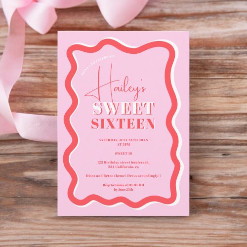 Retro pink red curve squiggle wavy Sweet 16 Invitation