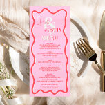 Retro pink red curve squiggle wavy wedding  menu<br><div class="desc">A cool bold wedding menu with custom names with a hand written calligraphy and serif font,  2 names ,  two styles with Retro pink red curve squiggle wavy wedding. All the text,  names and background colors are customizable for you to mix and match your wedding suite.</div>