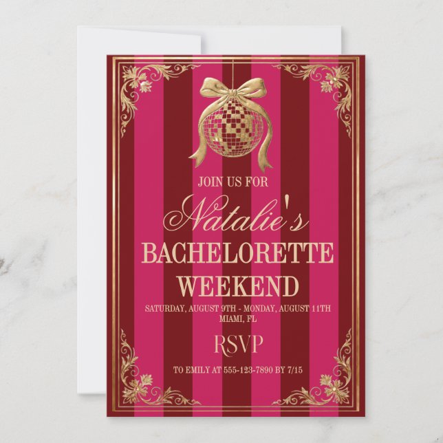 Retro Pink Red Disco Bachelorette Weekend Invitation (Front)