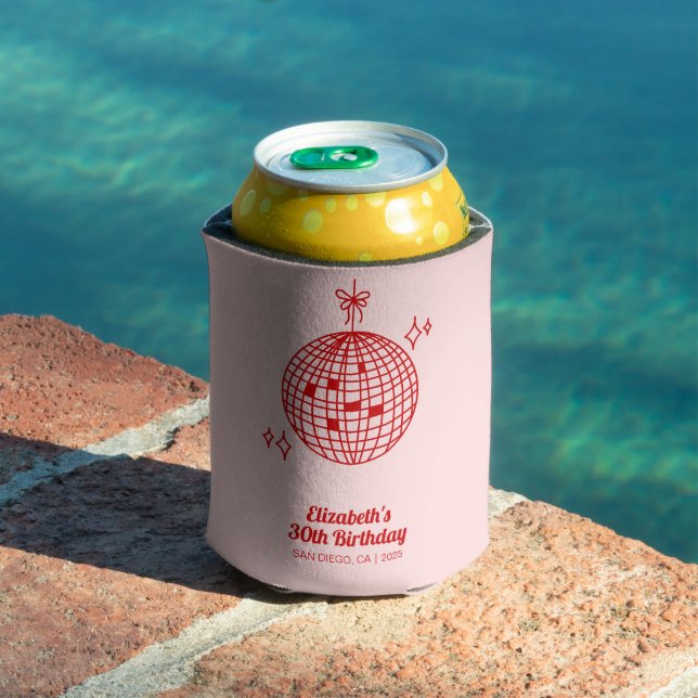 Retro Pink & Red Disco Ball Birthday Personalized Can Cooler (In Situ Pool)
