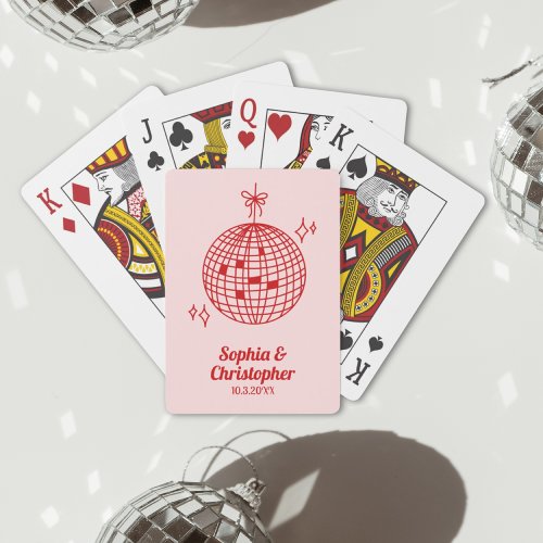 Retro Pink  Red Disco Ball Wedding Personalized Poker Cards