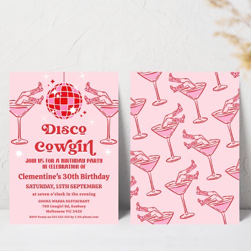 Retro Pink Red Disco Cowgirl 30th Birthday Invitation