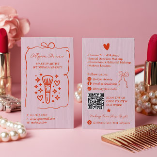 Retro Pink Red Doodles Makeup Artist QR Code Business Card