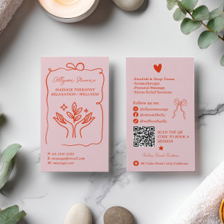 Retro Pink Red Doodles Massage Therapist QR Code Business Card