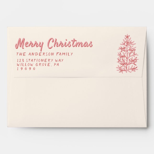 Retro Pink Red Drawn Bows Tree Merry Christmas Envelope (Back (Top Flap))