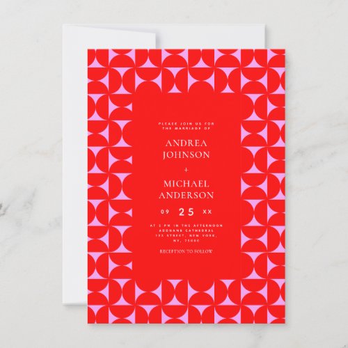 Retro Pink  Red Geometric Mid Century Mod Wedding Invitation