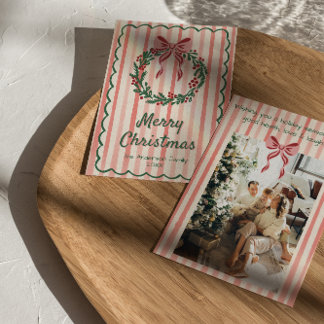  Retro Pink Red Green Drawn Wreath Bow Christmas  Holiday Card