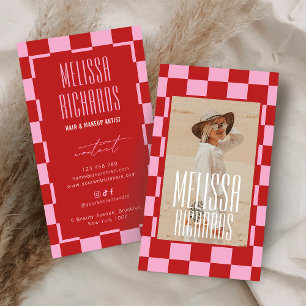 Retro Pink Red Groovy Beauty Salon Custom Photo Business Card
