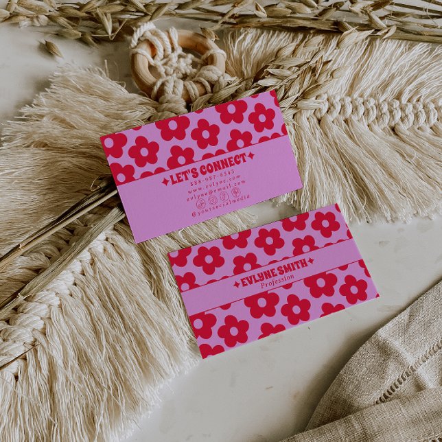 Retro Pink Red Groovy Floral Boho Girly Trendy Business Card (Creator Uploaded)
