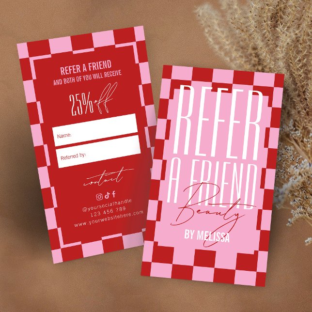 Retro Pink & Red Groovy Refer a Friend Spa Salon Referral Card (Creator Uploaded)