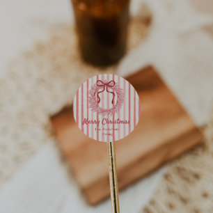 Retro Pink Red Hand Drawn Bow Wreath Christmas Classic Round Sticker