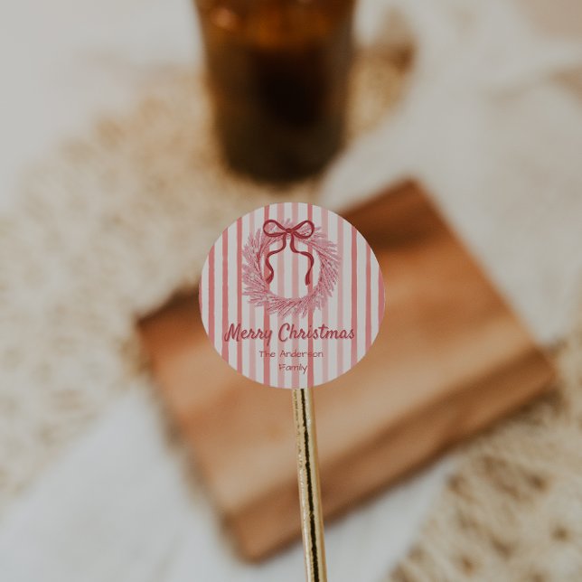 Retro Pink Red Hand Drawn Bow Wreath Christmas Classic Round Sticker (Creator Uploaded)